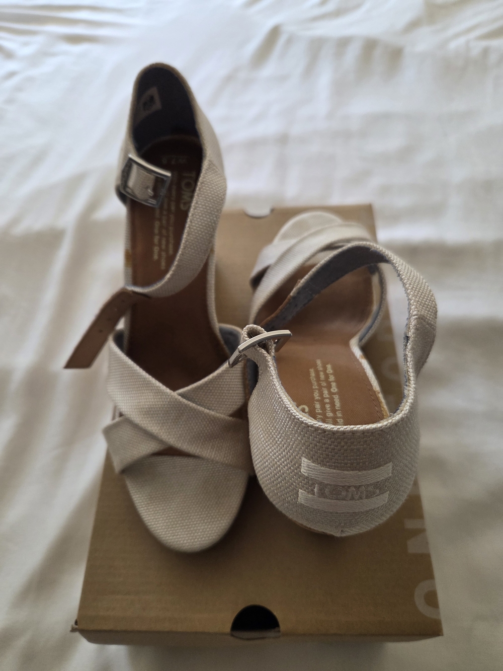 TOMS Women’s Natural Canvas Crisscross Ankle-Strap Cork Wedge Sandal Size 7.5/38